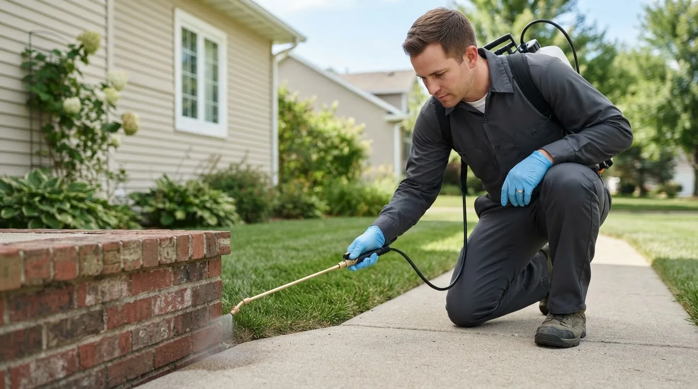 Pest control technician treating a home near Wendell, MN
