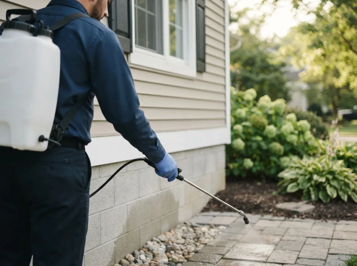 Pest control technician inspecting a home in Wendell, MN